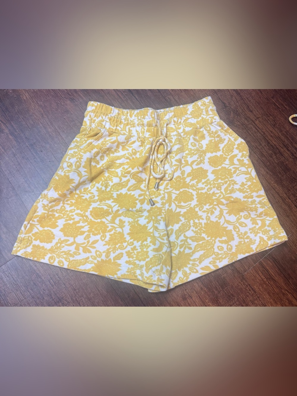 Who What Wear Yellow and White Floral Knit Drawstring Shorts